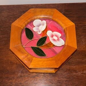 Vintage Handcrafted Floral Stained Glass Jewelry Box- Pink & Green
